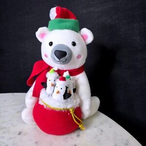 Gemmy Animated Christmas Polar Bear Plush Penguins Sack Holiday Toy 10" Singing